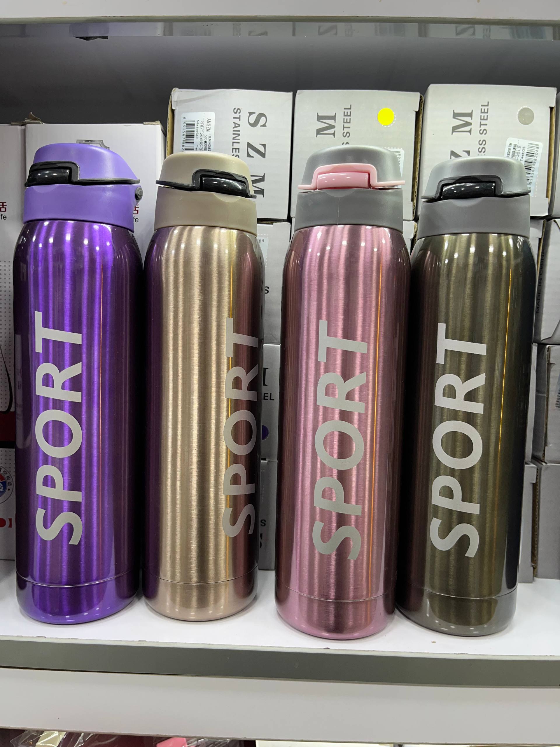 فلاسک استیل 500 میلی لیتری نی دار SPORT طرح کروم براق